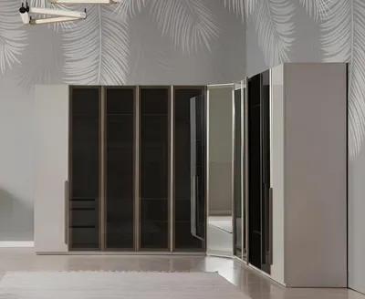 Immagine prodotto di Armadio ad angolo bianco e nero, stile moderno, frontali in vetro, ante in legno e vetro, nuovo