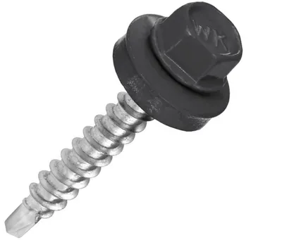 A single self-drilling screw with a washer and hexagonal head, shown against a white background.