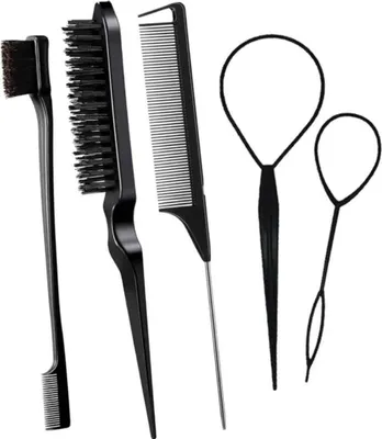 Produktbild von Haarbürste, Toupierbürste, 5-teiliger Stielkamm, Doppelkantenkamm, Kammbürsten-Set – Schwarz