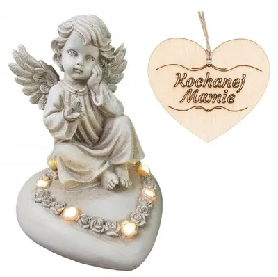 Obrázek produktu pro Svíčka ANDĚL sedící na srdci, osvětlená LED diodou, na hrob MATKY, 18 CM