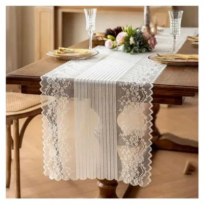 Produktbild von Tischläufer Weiß mit Spitzendecke 45x120cm Vintage Tischläufer mit Spitze und Stickereimuster für Tischdekoration