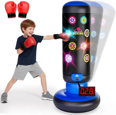 Produktbild von Boxsack Kinder, Boxsack Stehend mit Musik & Licht | Interaktiv Punching Bag, Aufblasbarer Standboxsack mit Boxhandschuh Geschenke