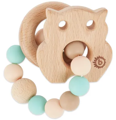 Produktbild von Bieco Beißring Baby mit Silikon Perlen Mint, 9 cm | ab 0 Monate | Zahnungshilfe Baby | Baby Greifling mit Holz Eule | Beissring Für Baby Zum Zahnen | Motorikspielzeug Baby | Beißring Silikon Baby