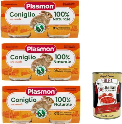 Produktbild von Plasmon Carne Coniglio e cereale 3x (2x80g) Mit italienischem Fleisch, ohne Stärken und Räume hinzugefügt + Italian Gourmet polpa 400g