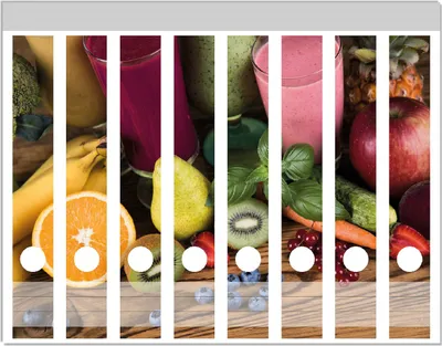 Produktbild von Wallario Ordnerrücken Sticker, selbstklebend für schmale Ordner, 8 Stück, Motiv Bunte Smoothies mit Obst in der Küche