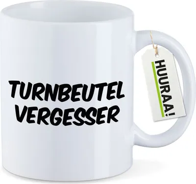 Produktbild von Huuraa Kaffeetasse Turnbeutelvergesser Schriftzug 330ml Weiß Keramik Kaffeebecher Geschenkidee