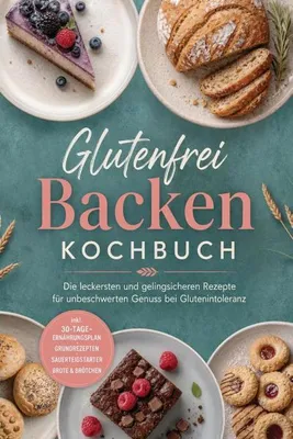 Produktbild von Glutenfrei Backen Kochbuch: Die leckersten und gelingsicheren Rezepte für unbeschwerten Genuss bei Glutenintoleranz - inkl. 30-Tage-Ernährungsplan, Grundrezepten, Sauerteigstarter, Brote & Brötchen