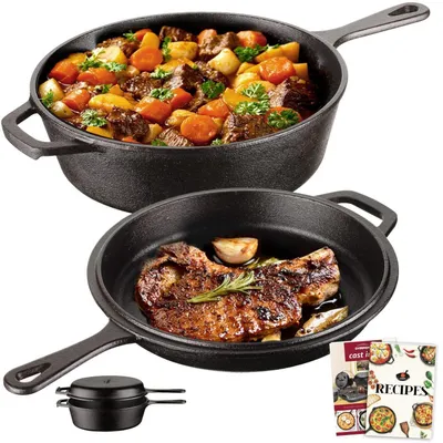 Zdjęcie produktu dla Garnek żeliwny z pokrywką, pojemność 3 litry, gotowy do użycia, przypalony, idealny do kuchni, kempingu, grillowania, a także do użytku z grillem gazowym