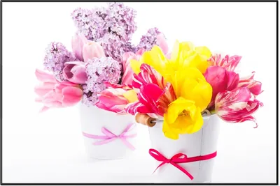 Produktbild von Wallario Wandbild Zwei Blumen-Bouquets aus gelben und roten Tulpen und Flieder, Größe: 61 x 91,50 cm, Poster mit schwarzem Aluminiumrahmen