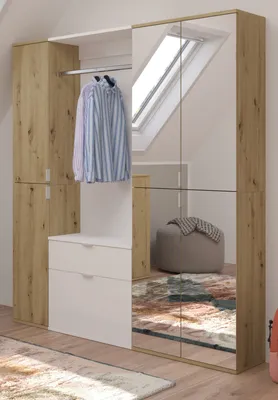 Produktbild von Garderobe Set "Line-Up" Eiche und weiß Hochglanz Garderobenschrank mit Spiegel 152 x 193 cm
