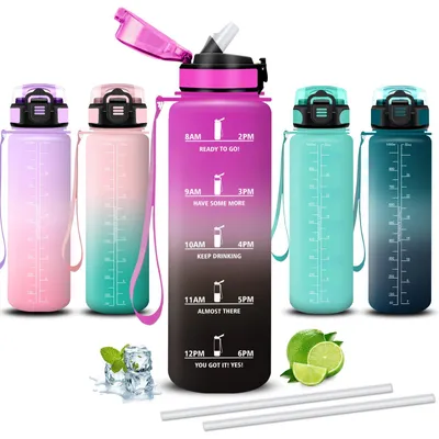 Produktbild von Mujigaga 1L Wasserflasche Auslaufsicher mit Strohhalm, Trinkflasche Sport