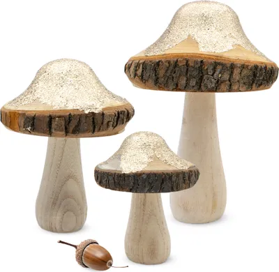Image de Set de 3 champignons en bois avec paillettes dorées - 18 / 15 / 11 cm - Champignon en bois avec écorce d'arbre pour la décoration d'automne - Holz Deko Pilz Goldwald Waldpilz