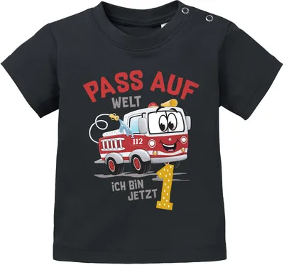 Produktbild von Baby T-Shirt 1.Geburtstag Feuerwehr-Auto Pass auf Welt ich bin jetzt 1 Geburtstagsshirt kurzarm Baumwolle MoonWorks® schwarz 56/62 (1-3 Monate)