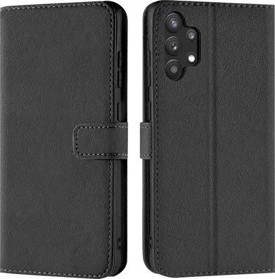 A black book-style phone case is shown from the front and back.