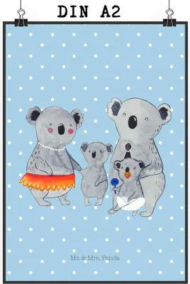Produktbild von Mr. & Mrs. Panda Bild Koala Familie DIN A2 - Blau Pastell - Geschenk, Koalas, Kinder, Muttertag, drucke, Wandbild, Wanddekoration, Posterdruck, Papa, wanddeko