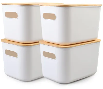 Produktbild von 4 stapelbare Aufbewahrungsboxen aus Kunststoff mit Deckel, 7 Liter Fassungsvermögen, mit Griffen, weiß (je stapelbar).