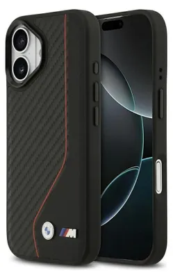 A black iPhone case with a carbon fiber texture and red accents, featuring BMW logos.