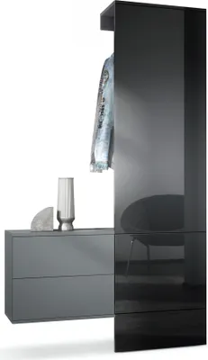 Produktbild von Vladon Garderobe Carlton Set 2,  Germany, Wandgarderobe aus Deko-Paneel & hängender Schubladen-Kommode, Anthrazit matt/Schwarz Hochglanz (105 x 193 x 35 cm)