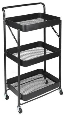 Obrázek produktu pro Mobilní úložný vozík - kovová police se 3 úrovněmi - skládací - s kolečky - kuchyňský vozík 45x30x88 cm - černý