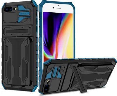 Produktbild von iPhone 8 Plus Hülle, Hybrid Robust Schutz Stoßfest Schutzhülle mit Kartenhalter Ständer für iPhone 7 Plus / 8 Plus Blau