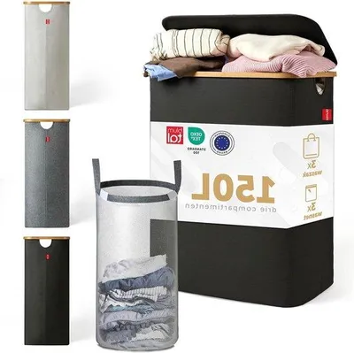 Produktbild von Famanu Wäschekorb 150L mit 3 herausnehmbaren Wäschesäcken und Deckel - 3 Fächer - Schwarz