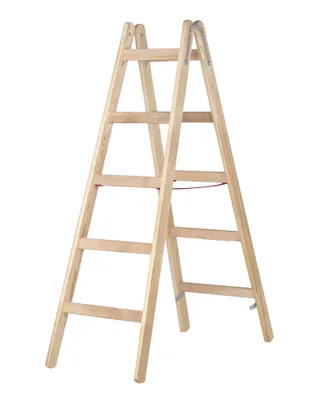 Produktbild von Hymer Holz-Sprossenstehleiter, beidseitig begehbar, 2x5 Sprossen, senkr. Höhe 1,45 m, Reichhöhe 2,85 m, Gewicht 8,0 kg
