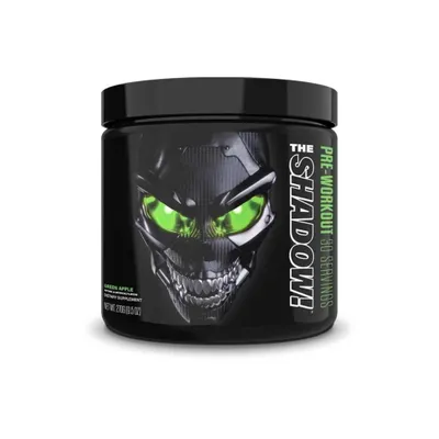 A black container of JNX Sports The Shadow! pre-workout supplement with a skull graphic and green eyes.