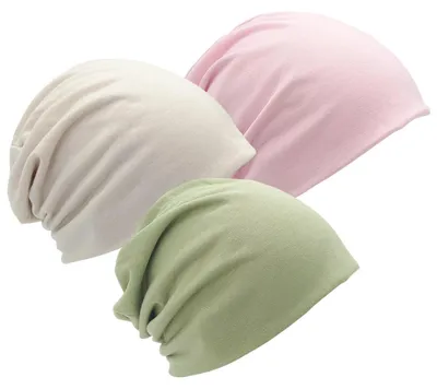 Produktbild von Kopfbedeckung Chemo 3er-Pack Wärmende Mütze Hautfreundlich Grau Grün Pink