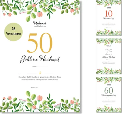 Produktbild von Frank Paperman® | Goldene Hochzeit Geschenke | Ehejubiläum | Urkunde goldene Hochzeit 50 | floral | Vordruck im DIN-A4-Format