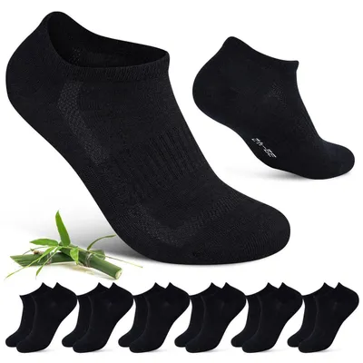 Obrázek produktu pro Bambusové ponožky do tenisek, 6 párů, prodyšné, krátké, antibakteriální, potlačující zápach, černé, velikosti: 35-38, 39-42, 43-46