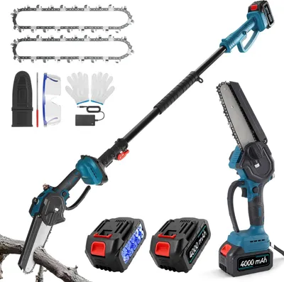 Image de 2 en 1 à batterie - Élagueuse et mini-tronçonneuse - Lame de 15 cm - Perche télescopique - Sans fil - Pour l'élagage des arbres - Bleu