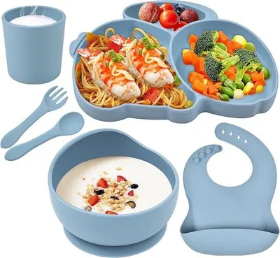 Produktbild von Famanu Silikon-Babyset mit Saugnapf - 6-teilig - Blaues Kaninchen