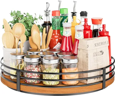 Produktbild von Lazy Susan Drehteller Organizer - Eichenholz für Schrank Küche Arbeitsplatte Esstisch Vorratskammer Badezimmer Kaffee Bar Aufbewahrung Gewürzregal Wohnkultur - 12"