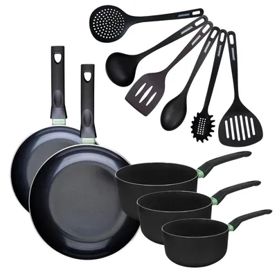 Image de Set de 2 poêles 24 et 28 cm et 3 casseroles 16, 18 et 20 cm céramique et 6 ustensiles Fackelmann Brandao