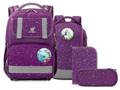 Image de Ensemble de cartable scolaire 5 pièces, ergonomique, avec hauteur réglable, couleur violette
