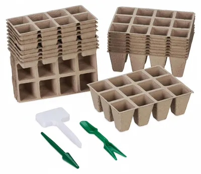 Image de Lot de 192 pots de culture Relaxdays, accessoires inclus, biodégradables, petits pots de plantation, dimensions : 5 x 3,5 x 3,5 cm, marron