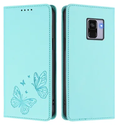 Image de Étui en cuir pour Samsung Galaxy A8 2018, motif papillon, étui portefeuille à rabat avec support, vert menthe