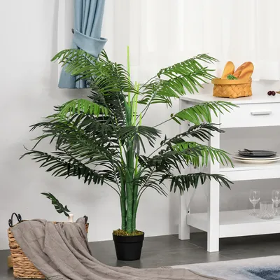 Produktbild von Künstliche Palme 125 cm mit Topf, Kunstpflanze groß mit 18 Wedeln, Grün | 16 x 16 cm | 3 kg | Zementsockel