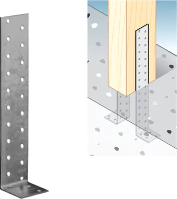 A metal L-shaped bracket and a diagram showing its use to secure a wooden post to a concrete surface.