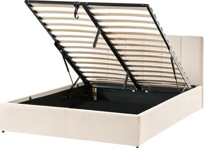 Produktbild von BELIANI Bett Hellbeige Samt Gesteppt mit Lattenrost 140 x 200 cm Hochklappbar Bettkasten Hohes Kopfteil Modern Schlafzimmer Doppelbett