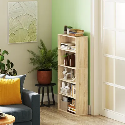 Zdjęcie produktu dla Pięciopoziomowa półka na książki z regulowanymi półkami, wymiary: 60 x 24 x 133,5 cm, wykonana z drewna w naturalnym kolorze