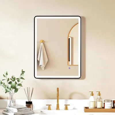 Produktbild von Badezimmerspiegel LED 80x60 cm, 3 Lichtfarben, Anti-Beschlag, Memory, schwarz