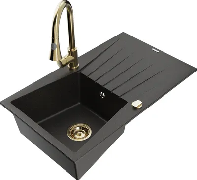 Produktbild von Mexen Cesar 1 Becken-Granitspüle mit Abtropffläche und Mischbatterie Elia, Schwarz/Gold metallisch - 6514-75-670101-50