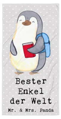 Produktbild von Mr. & Mrs. Panda Strandtuch Pinguin Bester Enkel der Welt - Grau Pastell - Geschenk, Reisehandtuch, Taufe, Frottee-Handtuch, Oma, Badehandtuch, Enkelsohn, Handtuch, Opa