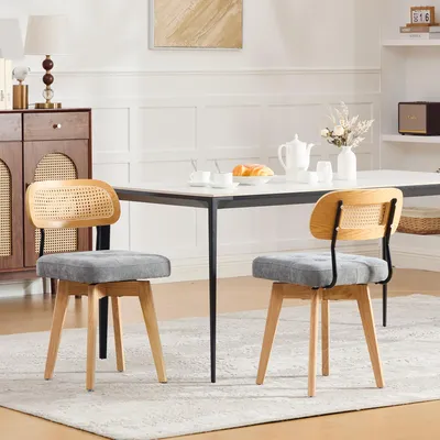 Obrázek produktu pro Sada dvou jídelních židlí okwish s 360° otočnou konstrukcí, pletenou opěradlem, polstrovaným sedákem, vhodná do kuchyně, materiál: chenille, barva: šedá