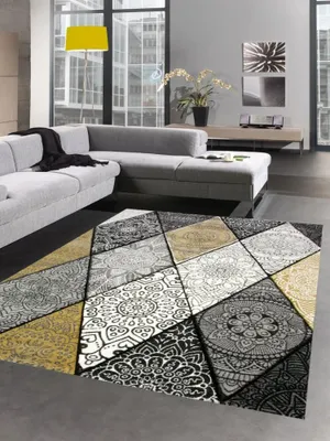 Image de Tapis salon losanges et ornements gris moutarde jaune crème Taille - 200 x 290 cm