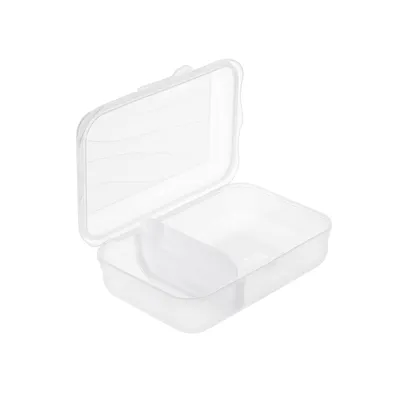 An open, clear plastic container with two compartments, shown against a white background.
