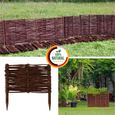 A collage of images showing a woven willow fence, a close-up of a fence section, and a garden scene with plants and a planter.