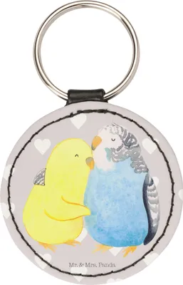 Produktbild von Mr. & Mrs. Panda Schlüsselanhänger Wellensittich Liebe - Grau Pastell - Geschenk, anhänger schlüssel, kunstleder, Umarmung, Verknallt, Taschenanhänger, Hocheitstag, edel