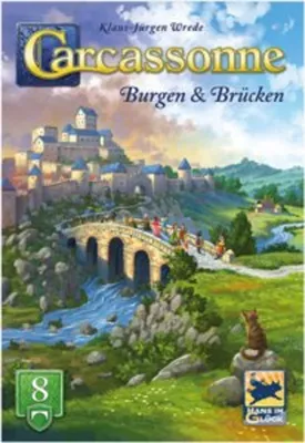 A board game box art depicting a medieval castle, a bridge, and a river with a cat in the foreground.